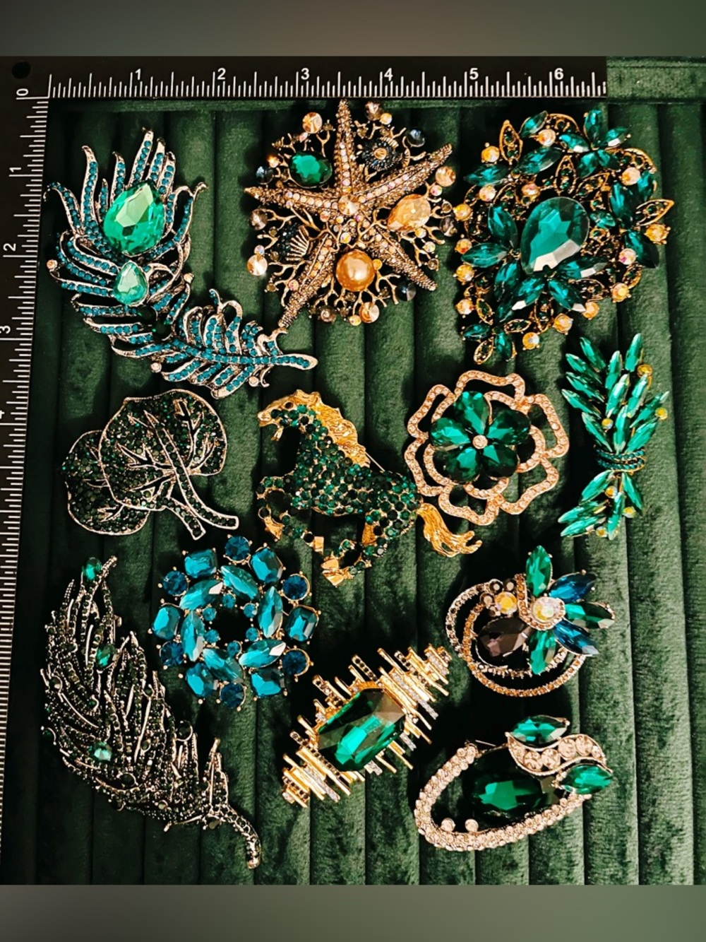 Vintage Style Green Rhinestone Brooch Lot 12 Gold Silver Floral Animal Pins